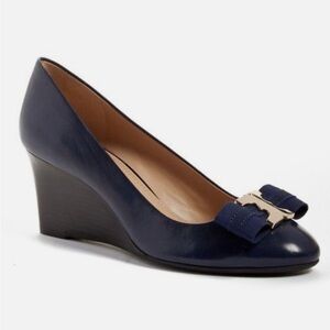 Tory Burch Blue Gemini Link Bow Wedge Shoes Pumps Size 9.5